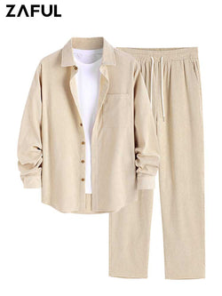 ZAFUL Solid Men's Two Piece Set Corduroy Long Sleeves Shirt and Minimalist Straight Leg Drawstring Casual Pants Set Z5107949